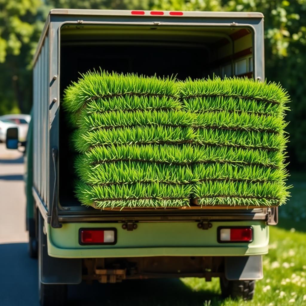 Caminhão carregado com placas de grama prontas pra entrega